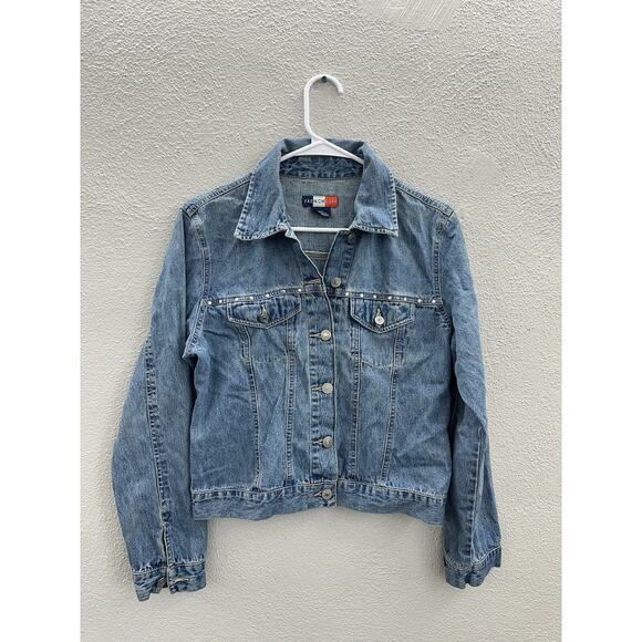 French Cuff Womens Jean Jacket Size Small Denim Button Up Gem Detail - Picture 1 of 10